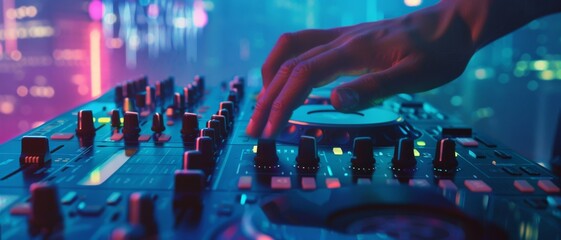 Wall Mural - A DJ's hand expertly manipulating a soundboard in a neon-lit club, creating an electric and dynamic nightlife atmosphere.