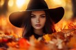 © Maxim Borbut - Fall yellow maple leaf portrait of autumn woman. Model with autumn leaves in autumnal park. Sunny weather in autumn fall season.