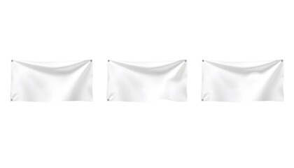 Set of white flags isolated 3 different shapes mockup on white background isolated with white highlights, png