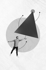 Sticker - Composite sketch image trend artwork photo collage of floating ball young man levitate hand hold umbrella handle huge triangle turn up