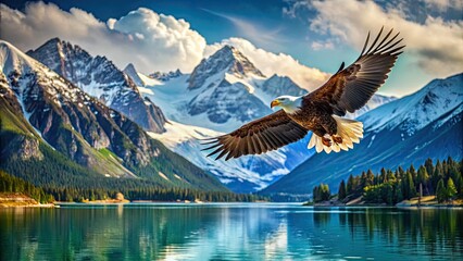 Majestic bald eagle soars overhead, its wings spread wide, against a breathtaking backdrop of snow-capped mountains and serene turquoise lake in Alaska's vast wilderness.