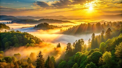 Majestic golden sunrise illuminates misty forest valley, with vibrant green trees and subtle fog, creating a serene and peaceful natural landscape background.