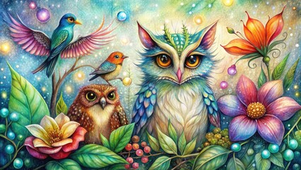  Vibrant colored pencil drawings of fantastical creatures and botanicals on a distressed, textured background with subtle bokeh and faint grid lines, evoking a sense of whimsy.