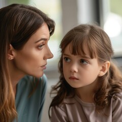 Wall Mural - A woman and a young girl are looking at each other