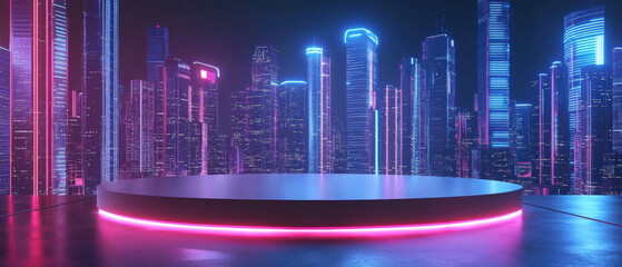 Wall Mural - 3D podium surrounded by futuristic neon cityscape at night