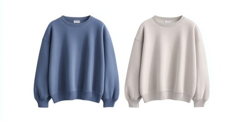 Two plain crew neck sweatshirts, blue and beige.