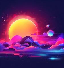 Poster - sunset with mountains and planets