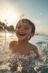 Poster - Boy playing in ocean waves