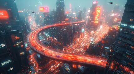 megacity at night aerial view neonlit highways holographic billboards flying vehicles cyberpunk urban sprawl