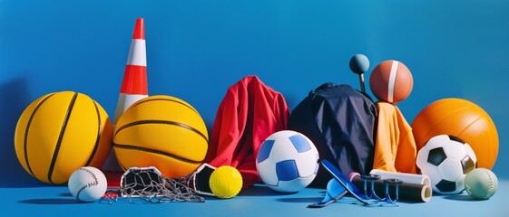 Wall Mural - various sports balls and accessories artistically arranged, set against a sleek blue background, sho