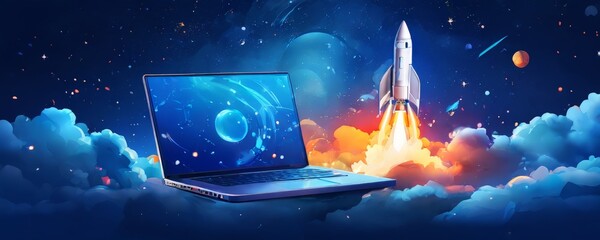 Wall Mural - laptop with rocket flying out it