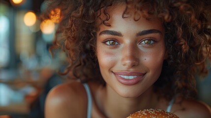 Wall Mural - A woman with curly hair is smiling and holding a hot dog