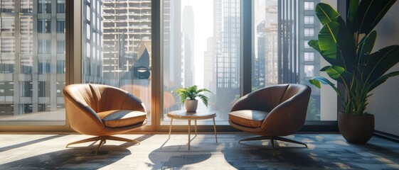 A sophisticated lounge area in an urban setting, featuring two leather chairs, a potted plant, and large windows overlooking a city skyline in daylight.