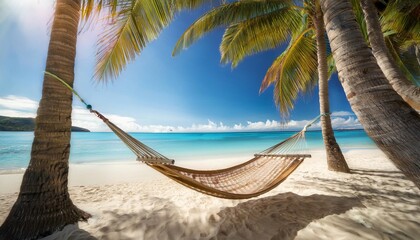 A cozy hammock gently swaying between two palm trees on a sunlit beach, with turquoise waters and a serene sky in the background.