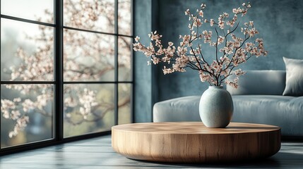 Poster - minimalist living room interior with round wooden table sleek ceramic vase delicate cherry blossoms against backdrop of gray sofa and large window