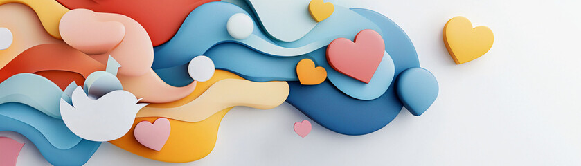 Poster - Colorful abstract design with flowing shapes and hearts, symbolizing connection and emotion.