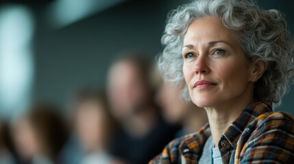 A reflective woman with curly grey hair and casual attire sits in the audience, appearing thoughtful and engaged in the environment with a soft, attentive gaze.