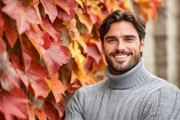 On a background of autumn leaves, a man wearing winter clothes smiles