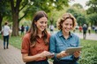 © ThomasLENNE - Park, woman and laugh planning with tablet for volunteer teamwork, community project or nature sustainability
