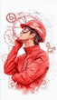 © weerasak - A thoughtful engineer in a red safety suit and helmet, contemplating innovation against a backdrop of gears and design sketches.