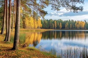 A sunny autumn day with yellow leaves reflecting in the water in a city park, beautiful outdoor scene