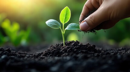 New Life Begins: Close-Up of Seedling Planted in Lush Dark Soil with Vibrant Green Leaves