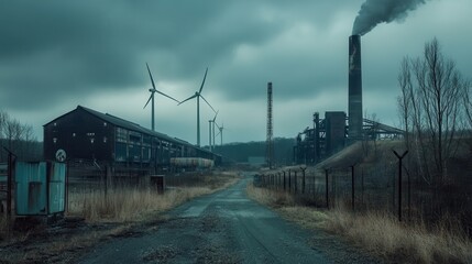 Poster - Abandoned factories stand against a backdrop of wind turbines, marking the transition from coal mining to renewable energy sources. Generative AI