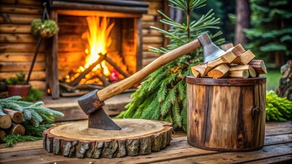 Rustic wooden chopping block with sharp axe embedded, surrounded by freshly chopped firewood and verdant foliage, evoking a cozy winter cabin ambiance.