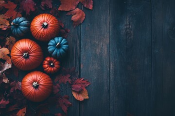 Wall Mural - Autumn Halloween layout with pumpkins and various leaves. Flat lay.