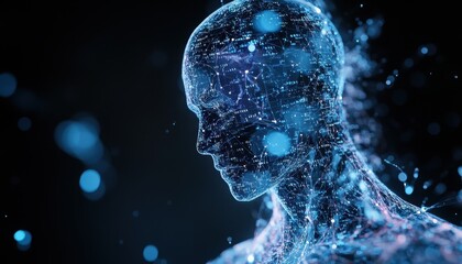 Poster - Glitch in the System: Futuristic Transparent Humanoid with Binary Code and Digital Nodes