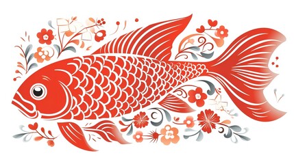 A vibrant illustration of a red fish surrounded by floral patterns, symbolizing beauty and serenity in aquatic art.