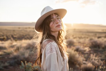 A woman in a hat stands in a sunlit field, embodying a sense of freedom and connection with nature, with soft golden sunlight enhancing the scene.