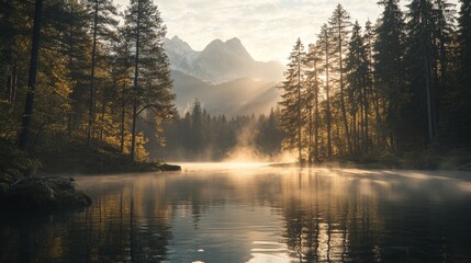 The Autumn sunrise on Hintersee lake is surrounded by trees and turquoise water in a beautiful scene