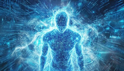 Digital Evolution: Abstract humanoid figure engulfed by swirling binary code, symbolizing innovation in a futuristic tech realm.