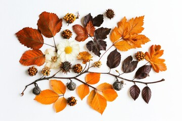 Wall Mural - The autumn composition consists of dried leaves, flowers, and rowan berries on a white background. The autumn, fall, and thanksgiving day concept can be seen from top view, in flat lay mode.