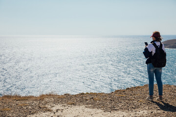 Woman Tourist Mountain Top Traveler Looking at Landscape Hiking