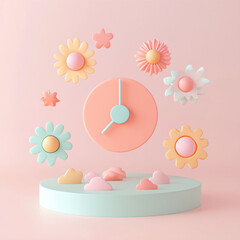 Poster - A colorful 3D rendering featuring clock surrounded by playful flowers and clouds, creating cheerful atmosphere.
