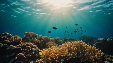 Sunbeams illuminate a vibrant underwater scene with colorful coral and small fish swimming in the clear blue water.