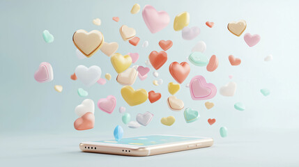 Poster - Colorful hearts floating above smartphone create whimsical and joyful atmosphere, symbolizing love and connection in digital world.