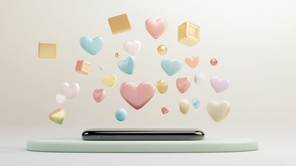 Poster - Floating colorful hearts and geometric shapes above smartphone create whimsical and playful atmosphere.