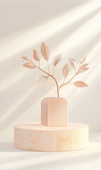 Poster - A minimalist 3D rendering of plant with delicate leaves in soft, pastel color scheme, beautifully illuminated by gentle rays of light.