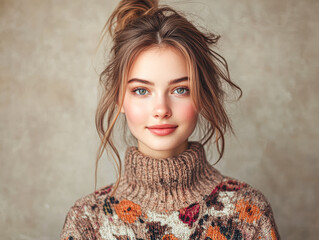 Poster - A woman with a floral sweater and a ponytail