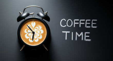 Coffee and alarm clock on a table with coffee time message for morning routine and daily motivation