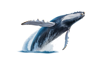 a whale jumps from the water, splashing water. suitable for marine conservation, marine life educati