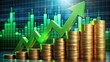 © Four888 - Vibrant green arrow trending upward on a financial graph, surrounded by rising stock market prices and coins, symbolizing significant revenue increase in 2022.