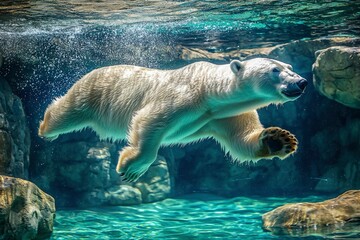 Polar Bear Swimming Underwater with Air Bubbles