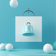 Poster - A vibrant blue bell hangs against soft turquoise background, surrounded by white spheres, creating playful and modern aesthetic.