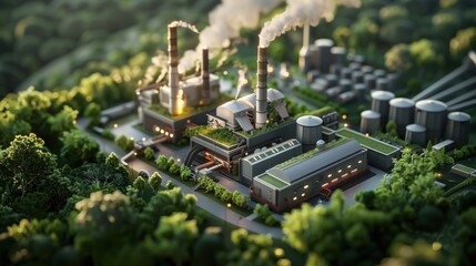 Aerial view of an industrial factory surrounded by green forest, emitting smoke from tall chimneys on a sunny day.