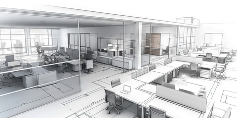 Office Layout: A blueprint sketch of a modern office layout, highlighting the flow of movement between departments. 