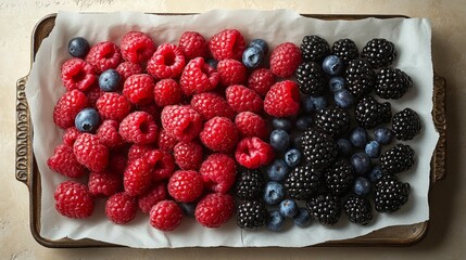 Wall Mural - Flat Lay of mixed berries including raspberries, blackberries, and blueberries on a white parchment paper background, showcasing the variety of colors and textures, hyper-realistic, high detail,